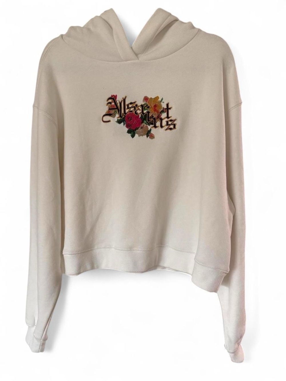 All Saints White Off-the-Shoulder Floral Logo Sweater